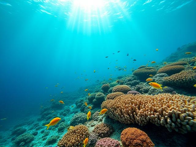 Vibrant coral reef flourishing in crystal clear blue waters, with small fish swimming amongst it, symbolizing marine health.
